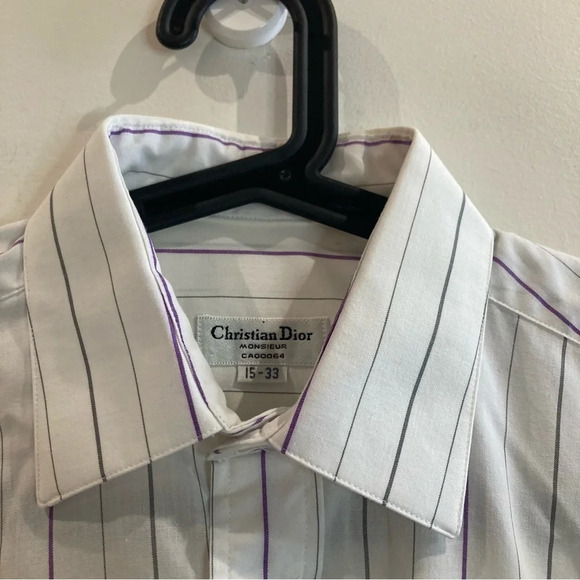 CHRISTIAN DIOR Sz 15-33 Purple Grey Stripe Cotton Blend Vintage Button Up Shirt - Picture 2 of 6